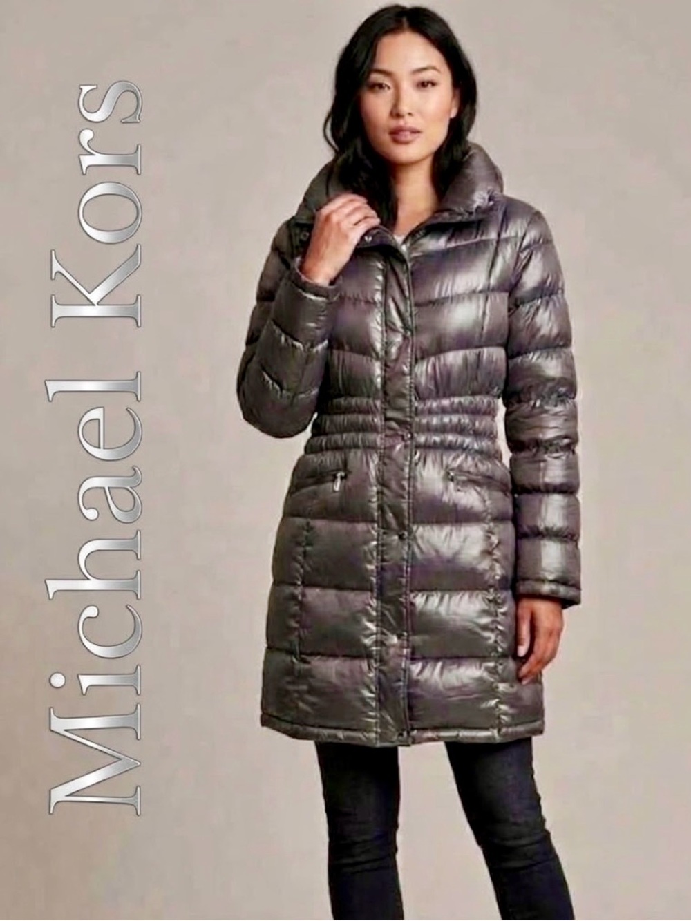 Michael Kors Women's Metallic Gray Lightweight Down Puffer Coat Parka Jacket L